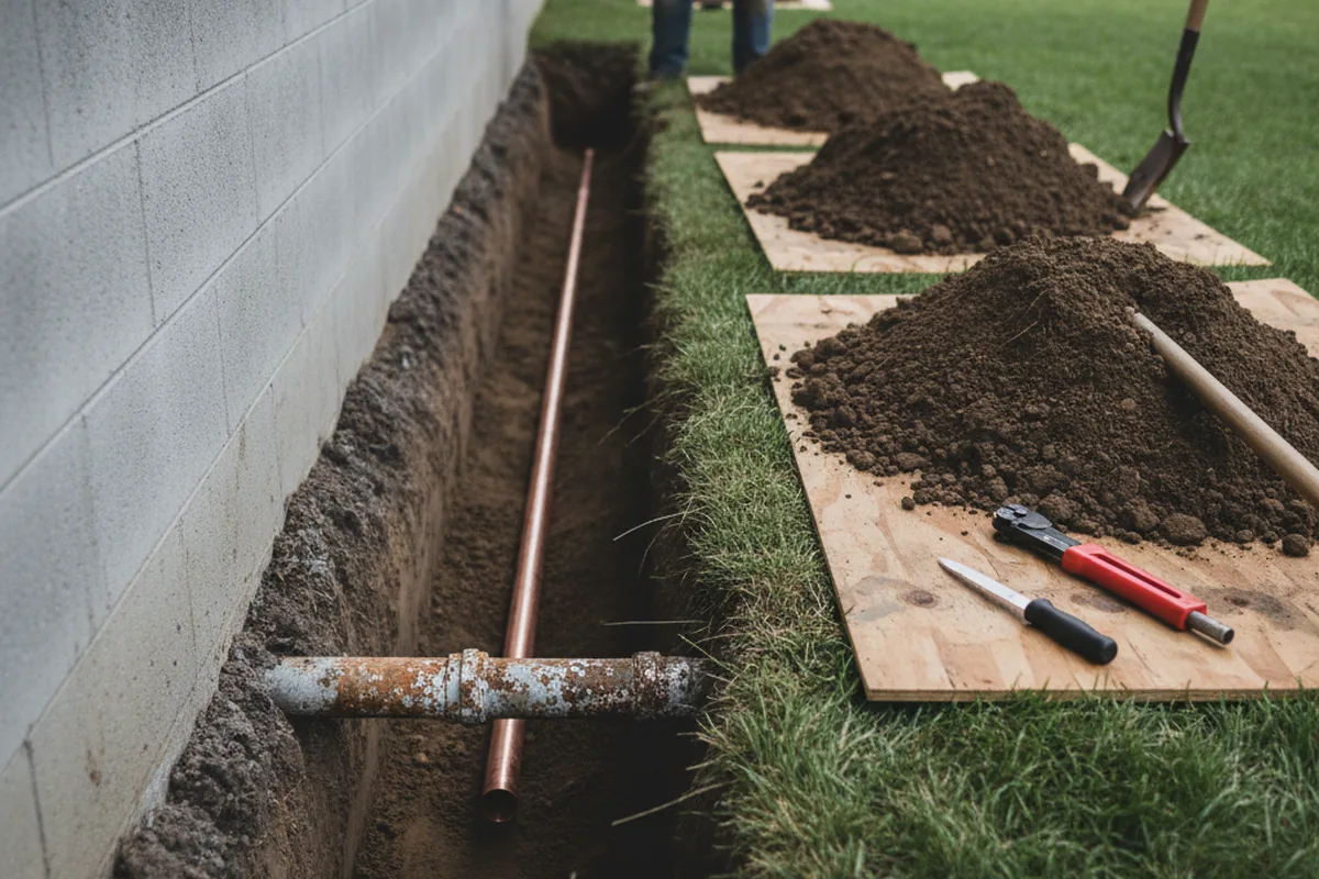 Excavated water line trench during Water Softener Installation in New Lexington